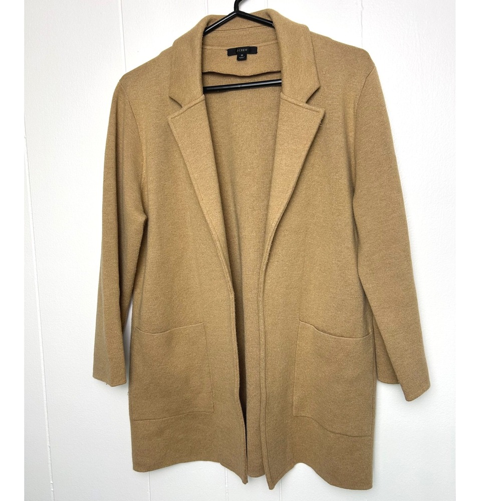 J Crew Cardigan Womens M Open Front Sweater Knit‎ Blazer Jacket Wool Blend Tan